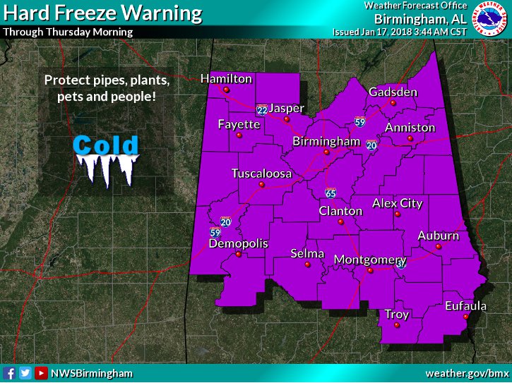Hard freeze warning 1-17-18 3-44am